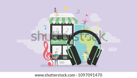 Online Music Store Tiny People Character Concept Vector Illustration, Suitable For Wallpaper, Banner, Background, Card, Book Illustration, Web Landing Page, and Other Related Creative