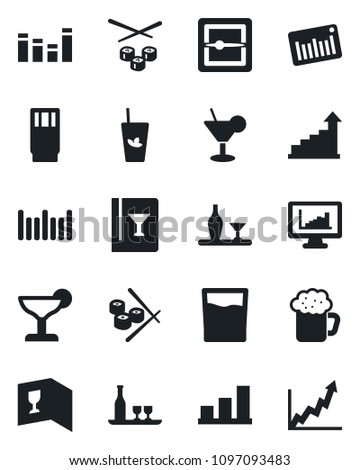 Set of vector isolated black icon - growth statistic vector, barcode, equalizer, scanner, monitor statistics, bar graph, alcohol, wine card, drink, cocktail, phyto, beer, sushi
