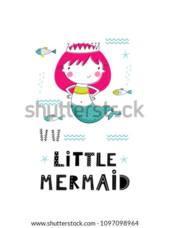 Baby print: Little mermaid. Hand drawn graphic for poster, card, label, flyer, page, banner, baby wear, nursery.  Scandinavian style. Pink, green and blue. Vector illustration