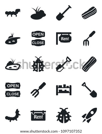 Set of vector isolated black icon - job vector, garden fork, shovel, lady bug, caterpillar, pond, rack, rent, bacon, open close, rocket