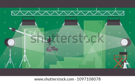Vector horizontal illustration with chromakey green backdrop for filming and movie making. Flat interior with lighting and searchlight, scenery and director chair
 Royalty-Free Stock Photo #1097108078