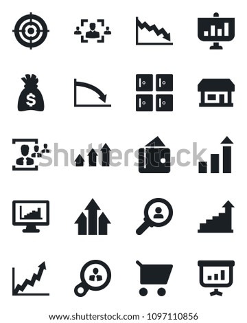 Set of vector isolated black icon - checkroom vector, growth statistic, money bag, store, monitor statistics, hr, target, consumer search, arrow up graph, wallet, crisis, cart, presentation
