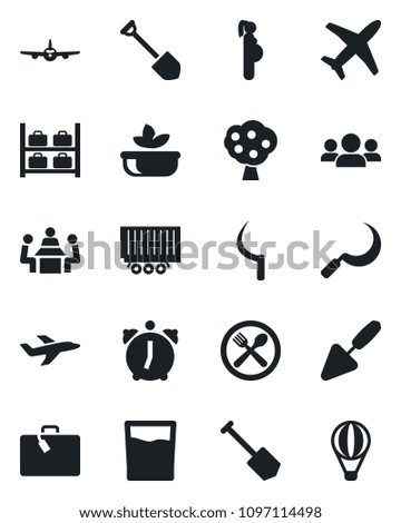 Set of vector isolated black icon - suitcase vector, plane, luggage storage, job, trowel, sickle, pregnancy, truck trailer, alarm, meeting, fruit tree, cafe, drink, salad, group, air balloon