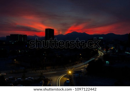 Scenery of Sunset with sillhoutte of city at Ipoh,Perak,Malaysia at Aerial View. 