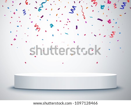 Pedestal with colorful confetti isolated on grey background. Vector illustration. Round podium. Winner concept Royalty-Free Stock Photo #1097128466