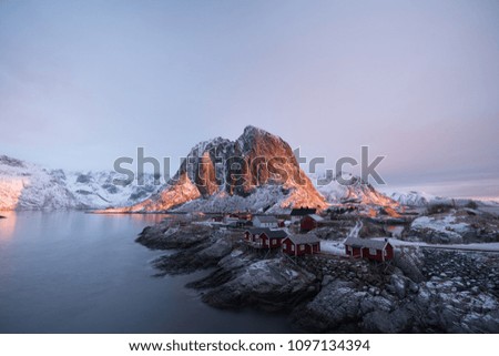 Stunning view of Hamnoy Village with sunrise time one of the most beautiful scene in Lofoten Norway / Landscape photography