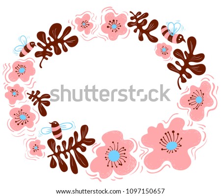 Wreath with cute flowers and bee. Floral frame for summer and spring backdrops, cards, posters. Vector illustration in doode children style