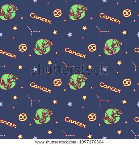 vector Zodiac sign cartoon seamless pattern. Constellation Cancer. Night starry sky. Astronomy, astrology horoscope simple set. Space texture. Funny background. Cute magic galaxy illustration 02