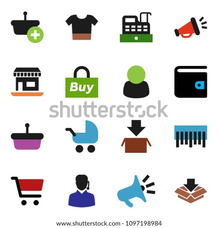 solid vector ixon set - cart vector, wallet, office, barcode, customer, support, buy, cashbox, basket, loudspeaker, baby stroller, clothes, package