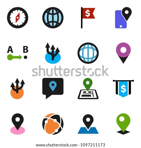 solid vector icon set - compass vector, world, dollar flag, navigator, map pin, tracking, route, connection, globe, arrow