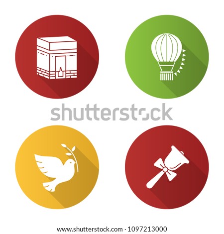 Holidays flat design long shadow glyph icons set. Knowledge Day, Hajj, Festival of Balloons, Earth Day. Vector silhouette illustration
