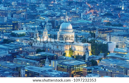 St Paul Cathedral in London. Amazing aerial night view.