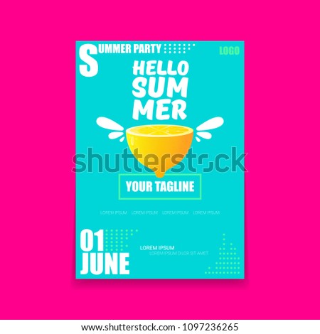 Vector Hello Summer Beach Party vertical A4 poster Design template with fresh lemon isolated on azure background. Hello summer concept label or flyer with orange fruit and typographic text.