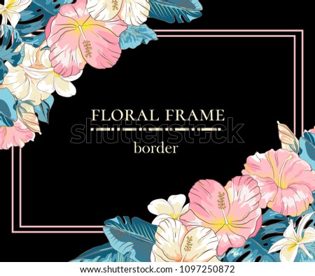 Floral border with sketch colorful blossoms. Frame with hand drawn hibiscus flowers and plumeria with palm leaves. Vector illustration on black background