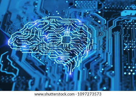 Artificial intelligence brain on blue integrated circuit background. AI, machine learning and neural network concept. Royalty-Free Stock Photo #1097273573