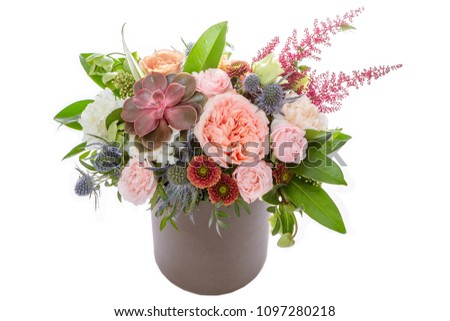 Fresh, lush bouquet of colorful flowers, isolated on white background.