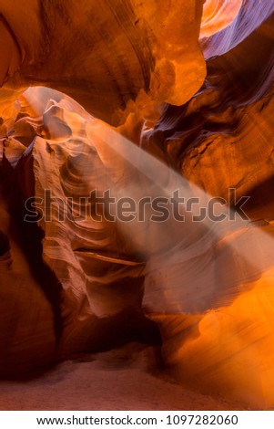 Upper Antelope Slot Canyon showing a light beam into the canyon, Page, Arizona, USA. The most popular location for photographers and sightseers.