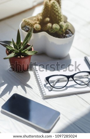 Close-up image of a smartphone, notebook with pencil, glass of water and pots with flowers at workplace.
