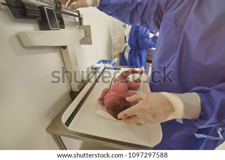 Doctor weight newborn baby on scale in hospital background