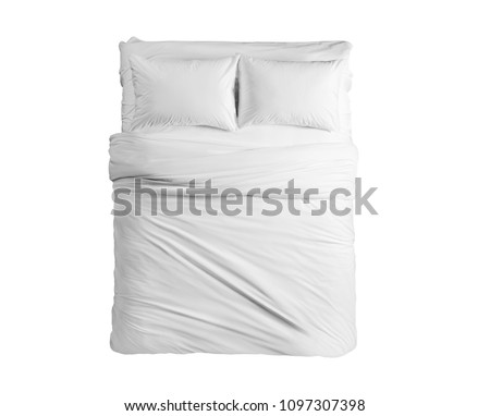 White bed with two pillows, duvet and sheet isolated. Bedding on the bed top view. White bedroom. Royalty-Free Stock Photo #1097307398
