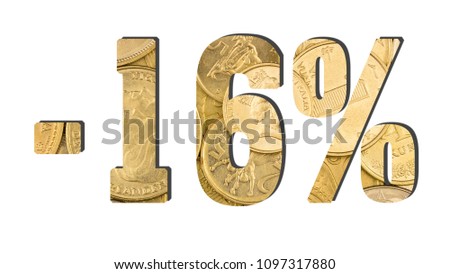 - 16% Percent and Discount. Shiny golden coins textures for designers. White isolate