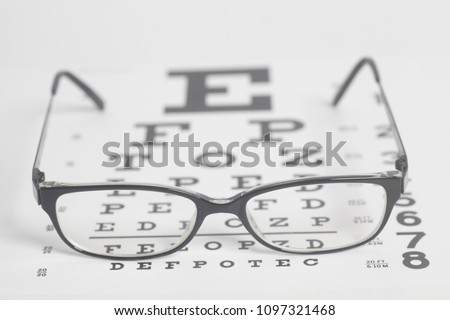 Eyeglasses on eyesight test chart background.
