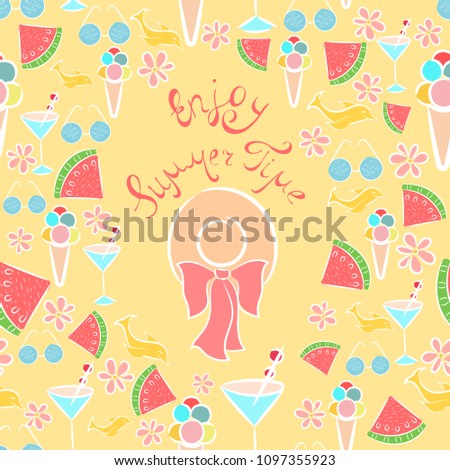 Joyful Summer Seamless Pattern with Handwritten Lettering and Colorful Summer Vacation Items. Summer Related Objects Made with White Outline. Seamless Background for Print and Web Usage