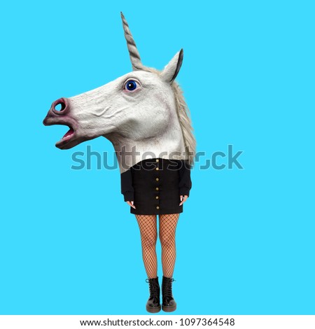Modern art collage. Concept Womans body with Unicorn head. Royalty-Free Stock Photo #1097364548