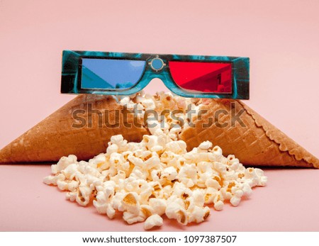 3D glasses popcorn - 3D cinema concept, shallow dof.