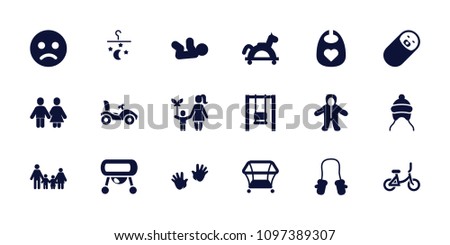 Kid icon. collection of 18 kid filled icons such as baby bid, baby mitten, playpen, sad smiley, swing, family, toy horse, bed mobile. editable kid icons for web and mobile.