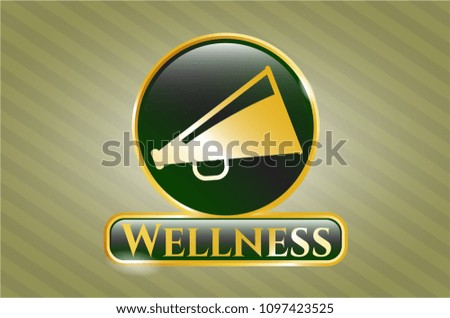   Golden emblem or badge with megaphone icon and Wellness text inside