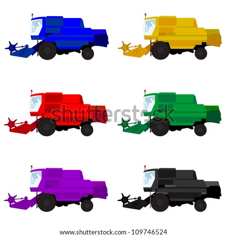 Agricultural machinery. Multicolored harvesters. The illustration on a white background.