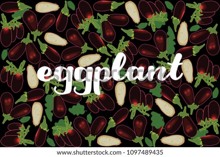 vector illustration of eggplant and leaf design with lettering eggplant background black and vegetable EPS10