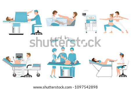 Various birthing of pregnant woman isolated on white, birth Surgery, natural birth ,giving birth in water and child care newborn baby inside infant incubators, vector. 