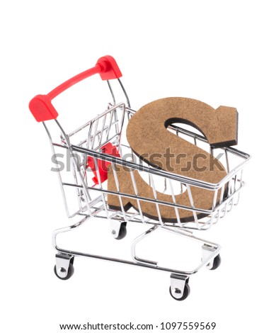 the lowercase wooden three-dimensional volumetric letter "s" in a mini shopping trolley cart on white background