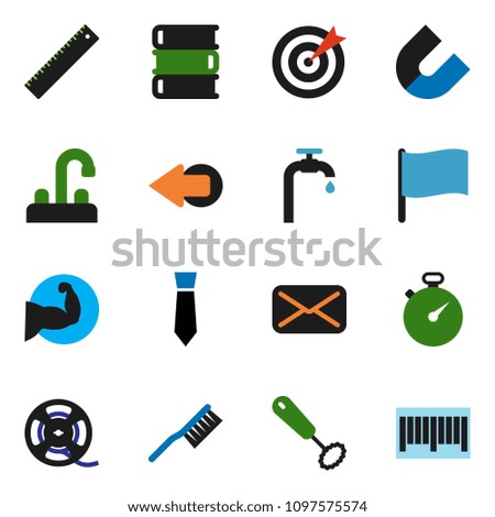 solid vector ixon set - fetlock vector, water tap, whisk, book, ruler, magnet, flag, tie, stopwatch, muscule hand, film spool, mail, arrow, supply, target, barcode