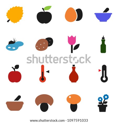 solid vector ixon set - oil vector, thermometer, egg, mushroom, potato, apple fruit, leaf, diet, tulip, mortar, pond, flower in pot
