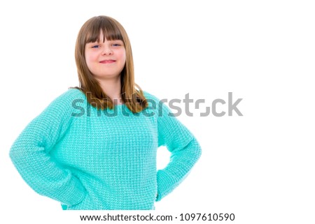 Very emotional little girl of school age. The concept of happy people, psychology. Isolated on white background.