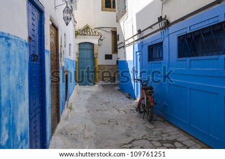 The blue street inside the burg in the Kasbah des Oudaias or Kasbah of the Udayas in Rabat, Morocco. The former barbary pirates town.