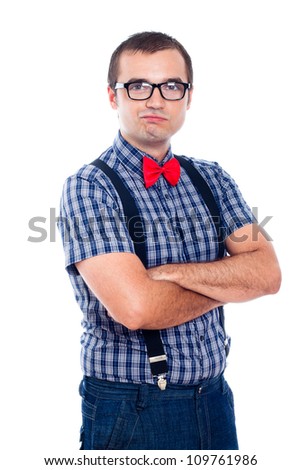 Portrait of funny self-confident nerd man, isolated on white background.