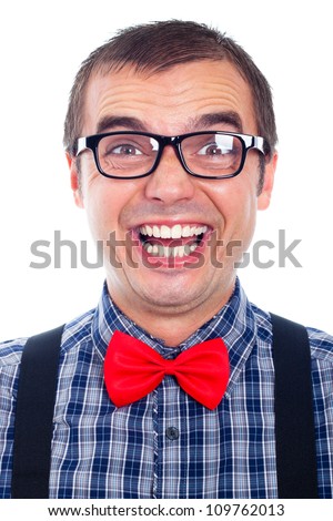 Portrait of funny nerd man laughing, isolated on white background.
