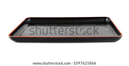 Japanese empty black tray for dish plate and bowl to serve in restaurant on white background in perspective view.