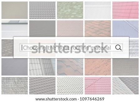Visualization of the search bar on the background of a collage of many pictures with fragments of various types of roofing close up. Choosing the right roofing material