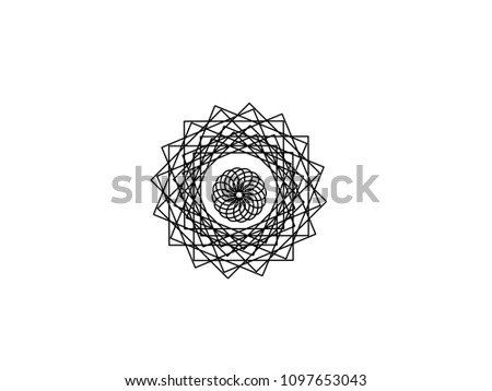 Black raster mandala on white background. Abstract asymmetric decor. Round decoration in futuristic style. Single concentric ornament isolated. Abstract mandala medallion. Coloring mandala clipart