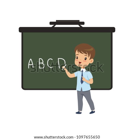 Boy writing english letters on blackboard, elementary school student in uniform vector Illustration on a white background