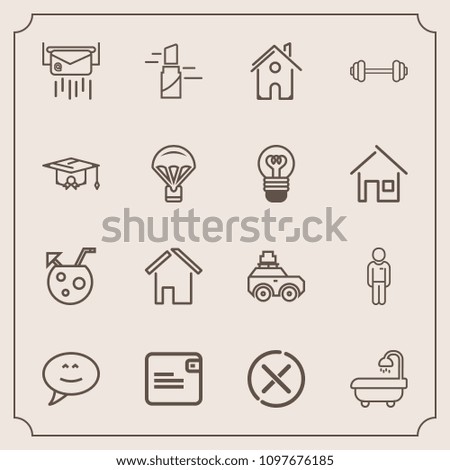 Modern, simple vector icon set with architecture, glass, exercise, beauty, white, chat, cancel, bathroom, dollar, post, mail, sign, home, travel, envelope, summer, building, stop, lipstick, bag icons