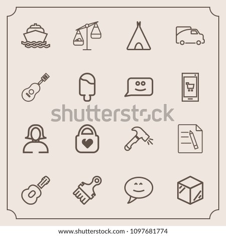 Modern, simple vector icon set with paintbrush, object, travel, bag, message, shovel, camp, product, paint, fashion, woman, balance, music, brush, boat, equipment, measurement, office, bubble icons