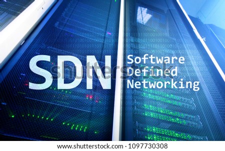 SDN, Software defined networking concept on modern server room background.?