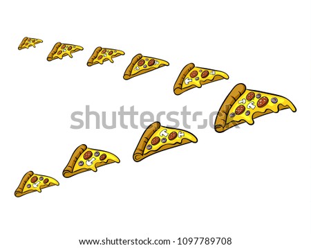 Pizza slices fly like flock of birds pop art retro raster illustration. Isolated image on white background. Comic book style imitation.
