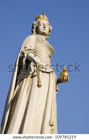 Statue of Queen Anne (1665 - 1714) sculpted in 1712 by Francis Bird.  On public display in front of St Paul's Cathedral in the City of London.